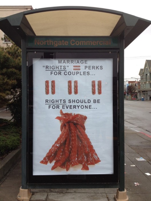 Text Reads: Marriage Rights = Perks for Couples. Rights should be for everyone. Graphic uses twizzlers to express.